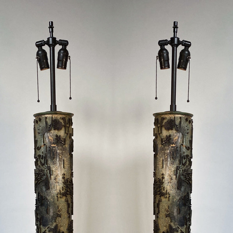 Wallpaper roll lamps, pair. Asian motifs