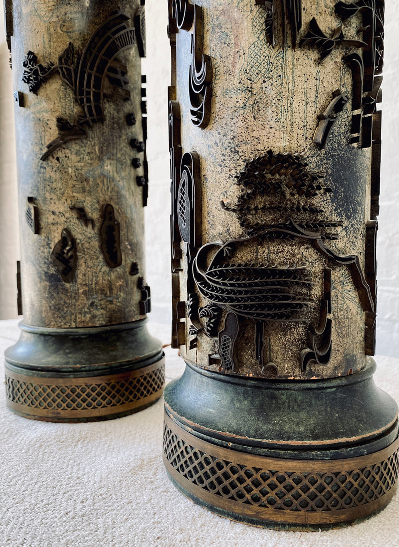 Wallpaper roll lamps, pair. Asian motifs