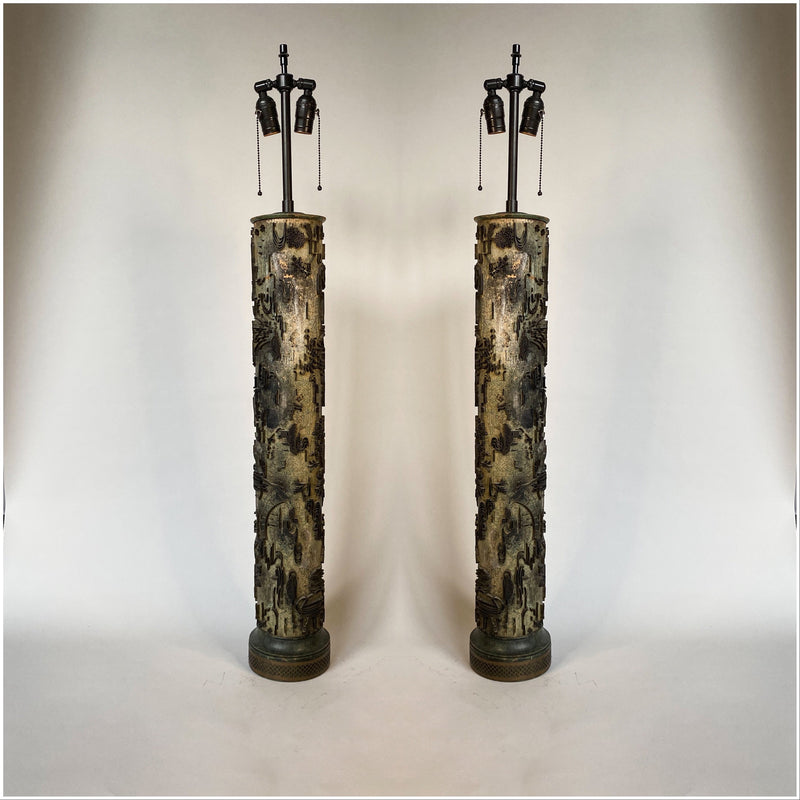 Wallpaper roll lamps, pair. Asian motifs